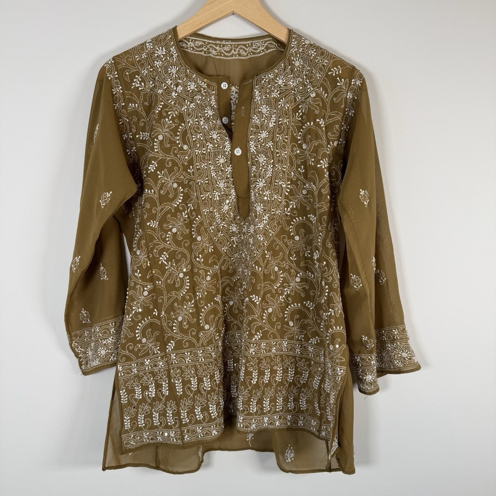 BOHO Semi Sheer Beaded Embroidered Print Pattern Sequin Popover Shirt Top Blouse